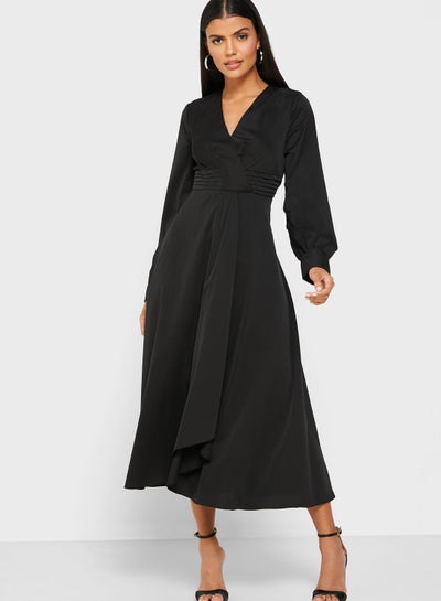 Buy Wrap Front Midi Dress Black in Saudi Arabia
