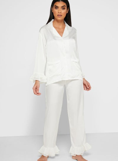 Buy Ruffle Trim Shirt Pyjama Set Pearl white in UAE