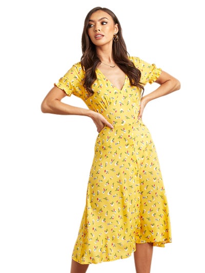 Buy Ditsy Floral Printed A-Line Midi Dress Yellow in Saudi Arabia