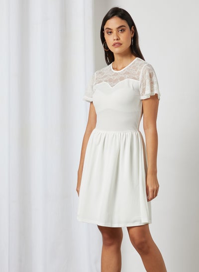 Buy Lace Trim Short Sleeve Skater Dress White in UAE