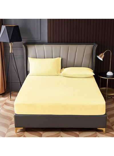 Buy 3-Piece Fitted Bedsheet Set Queen Size Microfiber Beige 150x200+30cm in UAE