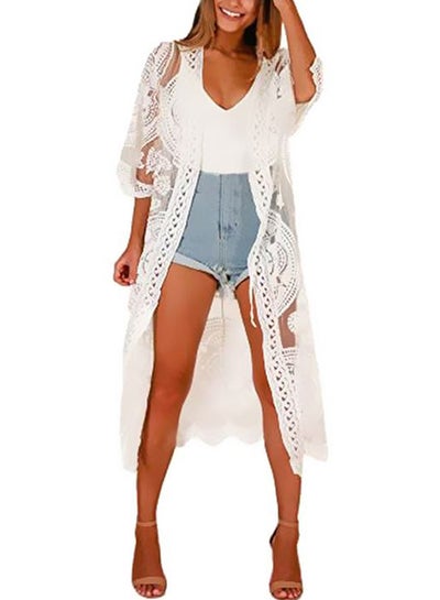 Buy Lace Midi Length Coat White in UAE