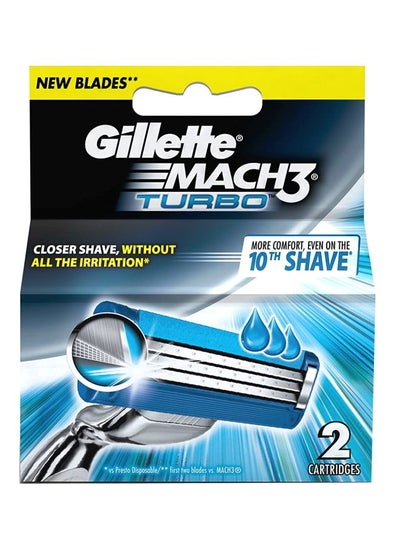 Buy 2-Piece Mach 3 Turbo Manual Shaving Razor Blades Blue/Silver 1.9x9x9.7cm in Saudi Arabia