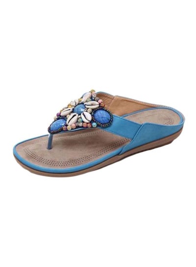 Buy Beaded Slip-On Flat Sandals Blue in UAE