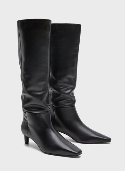 Buy Square Toe Low Heel Knee High Boots Black in Saudi Arabia
