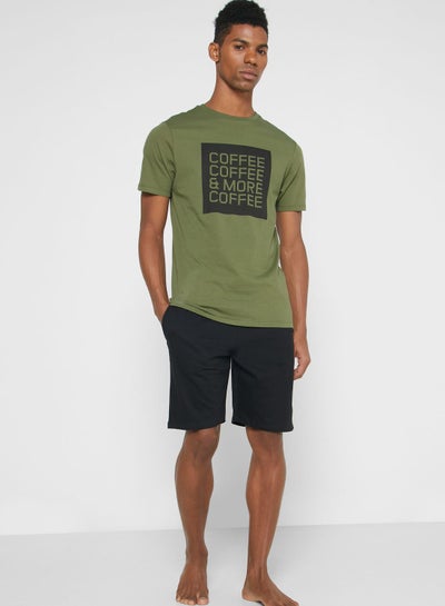 Buy Slogan Printed T-Shirt And Pyjama Shorts Set Khaki/Black in Saudi Arabia