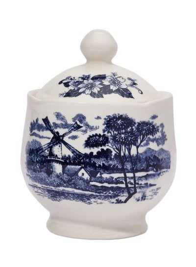 Buy Printed Ceramic Sugar Bowl With Lid White/Blue 280ml in UAE