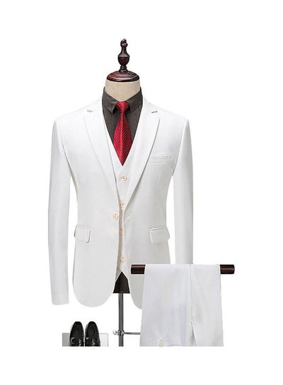 Buy Set Of 3 Pieces Men Lapel V-Neck Suit And Vest And Pants Slim Solid Color Wedding Groom Formal Outfit Brillient White in UAE