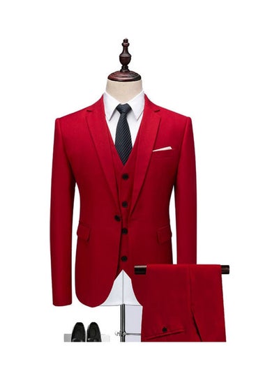 Buy Set Of 3 Pieces Men Lapel V-Neck Suit And Vest And Pants Slim Solid Color Wedding Groom Formal Outfit Blood Red in Saudi Arabia