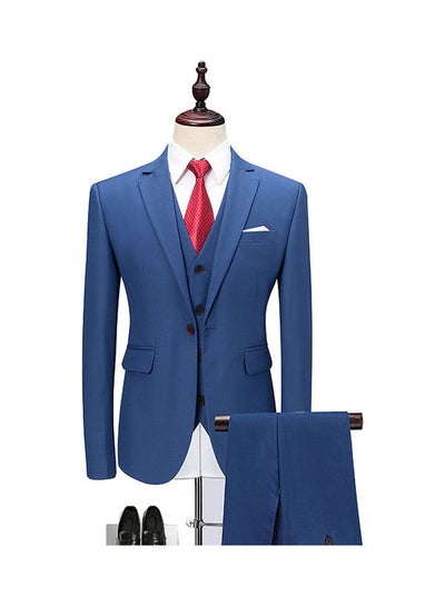 Buy Set Of 3 Pieces Men Lapel V-Neck Suit And Vest And Pants Slim Solid Color Wedding Groom Formal Outfit Berry Blue in Saudi Arabia