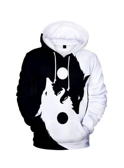 Buy 3D Wolf And Moon Printed Hoodie White/Black in UAE