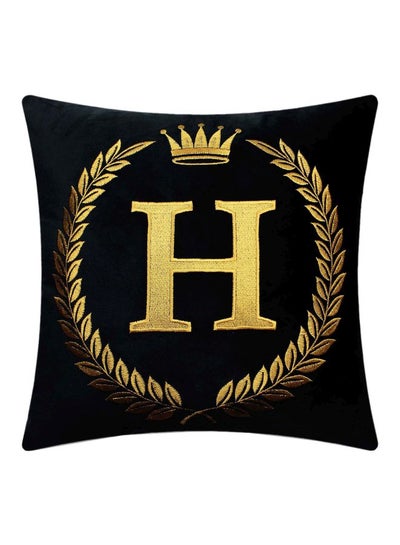 Buy Letter H Embroidered Cushion Cover Black/Gold 18x18inch in UAE