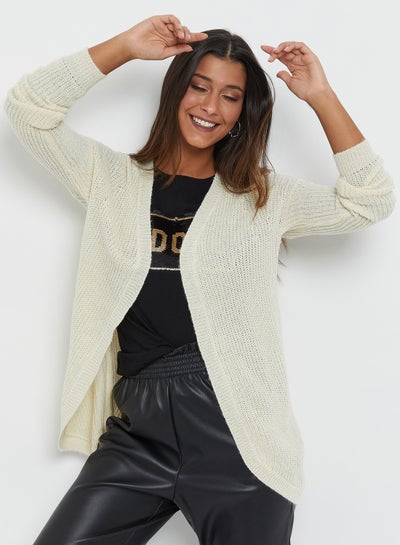 Buy Solid Textured Long Sleeves Knitwear Cardigan White Asparagus in Saudi Arabia