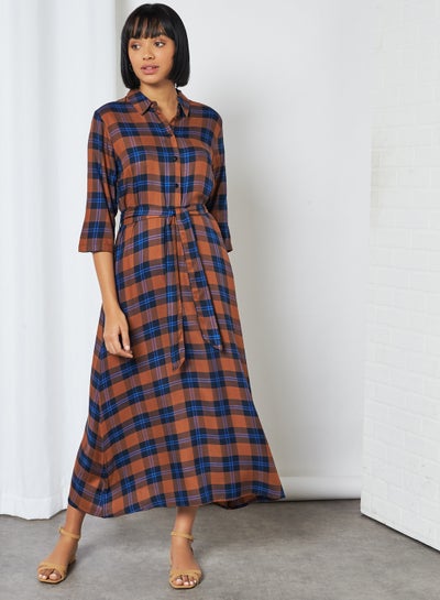 Buy Checked Three Quarter Sleeve Midi Dress Leather Brown in Egypt