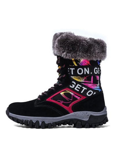 Buy Winter High Top Lace-Up Snow Boots Black/Pink/Yellow in UAE