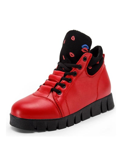Buy Winter Flat Lace-Up Casual Boots Red/Black in Saudi Arabia