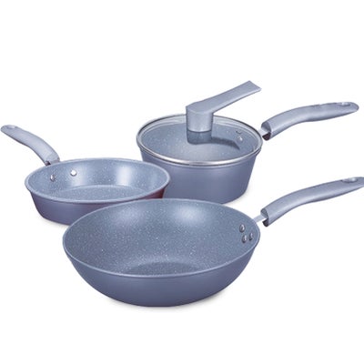 اشتري 3-Piece Non-Stick Frying Pan, Wok And Saucepan Milk Pot With Glass Lid Cookware Set رمادي 54 x 13 x 33سم في السعودية