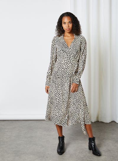 Buy Dot Pattern Long Sleeve Midi Dress Beige Check in UAE