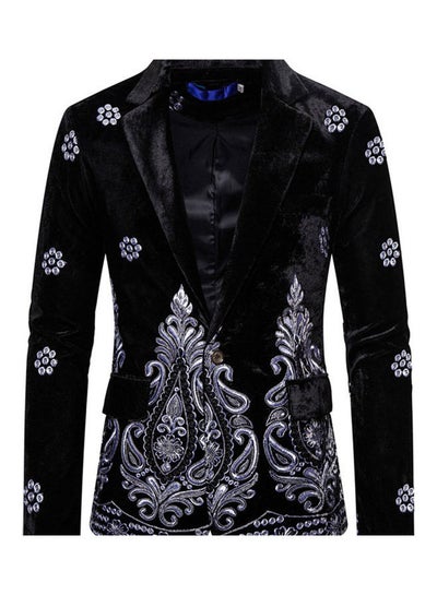 Buy Velvet Suit V-Neck Lapel Embroidery Floral Coat black in Saudi Arabia