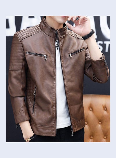 Buy Long Sleeves Leather Jacket Brown in UAE