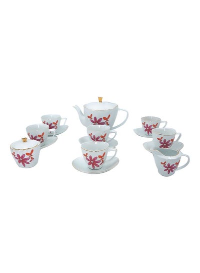 Buy 17-Piece Tea Set White/Pink/Orange 6x Tea Cups (200 ml), 6x Tea Saucers (14 cm), 1x Teapot With Lid (1 Liter), 1x Sugar Bowl With Lid (18 cm) , 1x Milk Bowl (16 cm) in Saudi Arabia