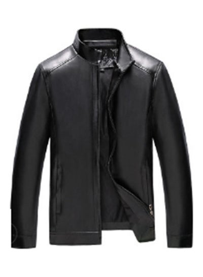 Buy New Stand Collar Leather Jacket black in UAE