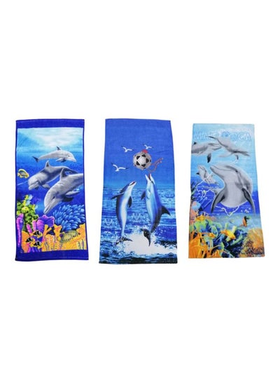 Buy 3-Piece Dolphin Printed Beach Towel Set Blue/Yellow/Grey 70x140cm in UAE