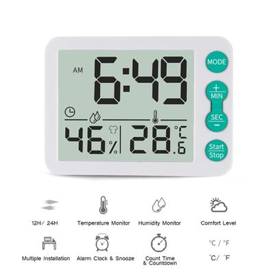 Buy Digital Indoor Thermometer Hygrometer With Clock LCD Display White & Green in UAE