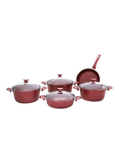 Buy 9-Piece  Granite Coated Cookware Set Maroon/Clear Deep Pots: 26, 28, 30, Flat Pot: 26, Frypan: 26cm in UAE