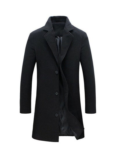 Buy Solid Single-Breasted Lapel Long Jacket Black in UAE