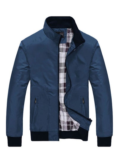 Buy Solid Stand Collar Zipper Coat Jacket Blue in UAE