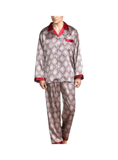 اشتري 2-Piece Printed Silk Pyjama Set Red Square/Grey في السعودية