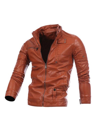 Buy Autumn Faux Leather Zipper Jacket Brown in UAE