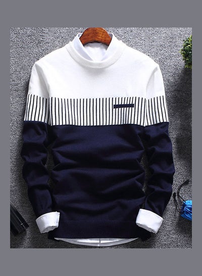 Buy Fashion Men Knitted Sweater Block Patchwork Blue/White in Saudi Arabia