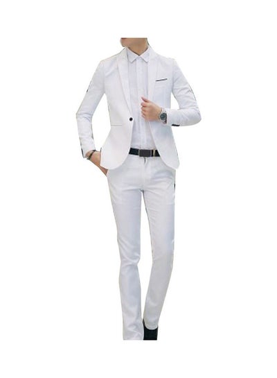 اشتري 2pcs Office Business Men Solid Colour Lapel Long Sleeve Slim Blazer Pants Suit White في الامارات