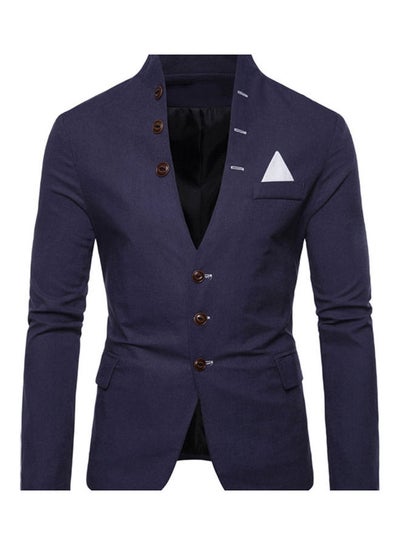 Buy Men Long Sleeve Stand Collar Tuxedo Suit Blazer 3 Button Pocket Slim Jacket Coat Navy Blue in Saudi Arabia