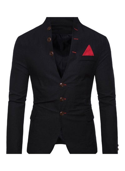 Buy Men Long Sleeve Stand Collar Tuxedo Suit Blazer 3 Button Pocket Slim Jacket Coat Black in Saudi Arabia