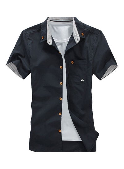 اشتري Men Solid Colour Turndown Collar Short Sleeve Button Embroidered Slim Fit Shirt Black في السعودية