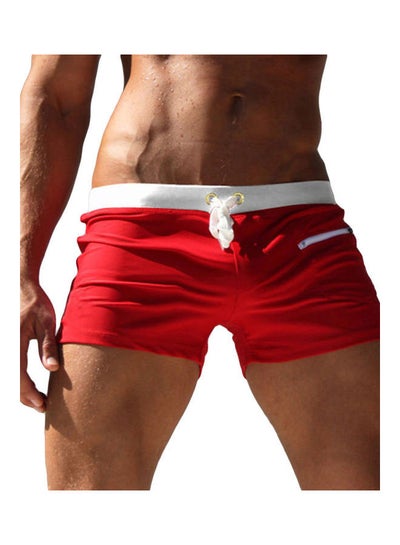 Buy Men Solid Colour Swimming Trunks Drawstring Pocket Slim Fit Beach Shorts Swimwear Red in Saudi Arabia