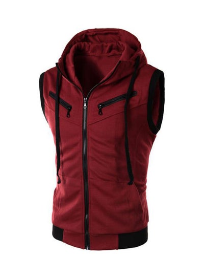 Buy Men Solid Colour Hooded Gilet Vest Zip Pocket Sleeveless Slim Waistcoat Jacket Wine Red in UAE