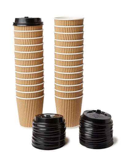 Buy 25 Pieces Ripple Coffee Cups With Lid Brown in Saudi Arabia