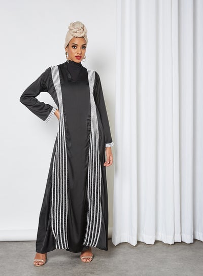 Buy Contrast Crochet Overlay Abaya Black in Saudi Arabia