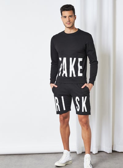 اشتري Slogan Graphic Sweatshirt and Shorts Set Black في مصر
