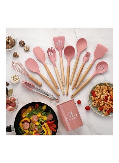 Buy 11 Pieces Wooden Handle  Non Stick Pan Cooking Spatula Pink 34x13x13cm in Saudi Arabia