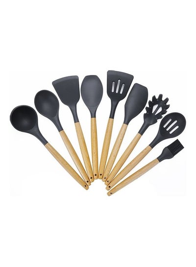 Buy Set Of 9 Wooden Handle Silicone Non Stick Spatula Spoon Black/Beige 32 x 9 x 10cm in UAE