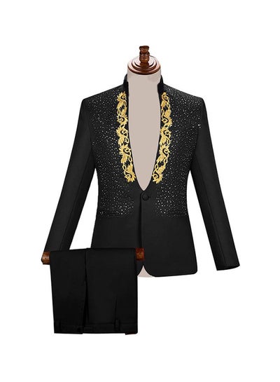 Buy 2-Piece Embroidered Suit Set Black/Yellow in Saudi Arabia