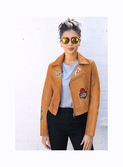 Embroidered Short Zip Up Jacket Brown 