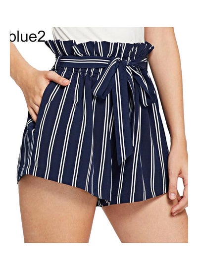 Buy Striped Belted Ruffled Elastic High Waist Shorts Blue 2 in UAE