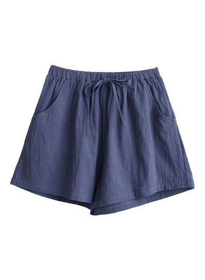 Buy Drawstring High Waist Loose Cotton Linen Shorts Sapphire Blue in UAE