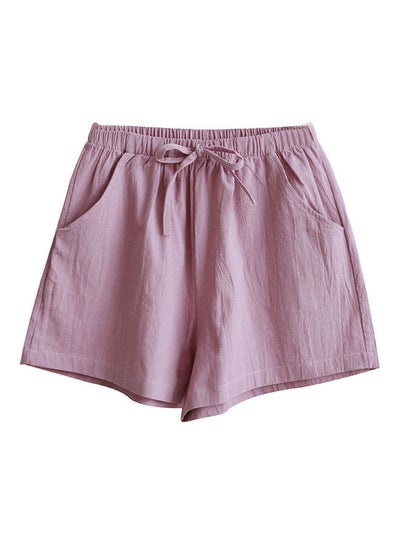 Buy Drawstring High Waist Loose Cotton Linen Shorts Pink in UAE